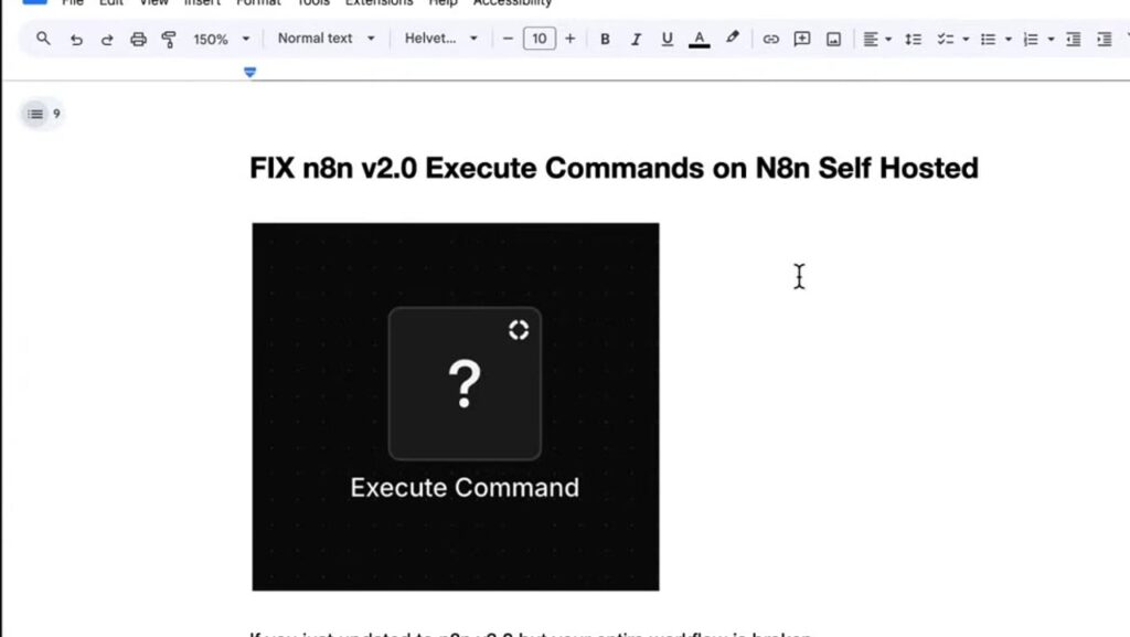 Unrecognized node type n8n-nodes-base.executecommand n8n workflow showing a missing Execute Command node after an update