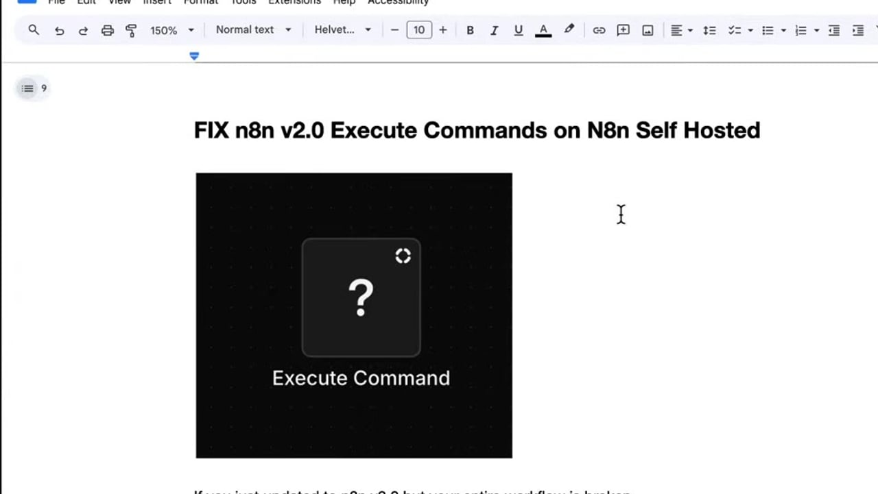 n8n workflow showing a missing Execute Command node after an update