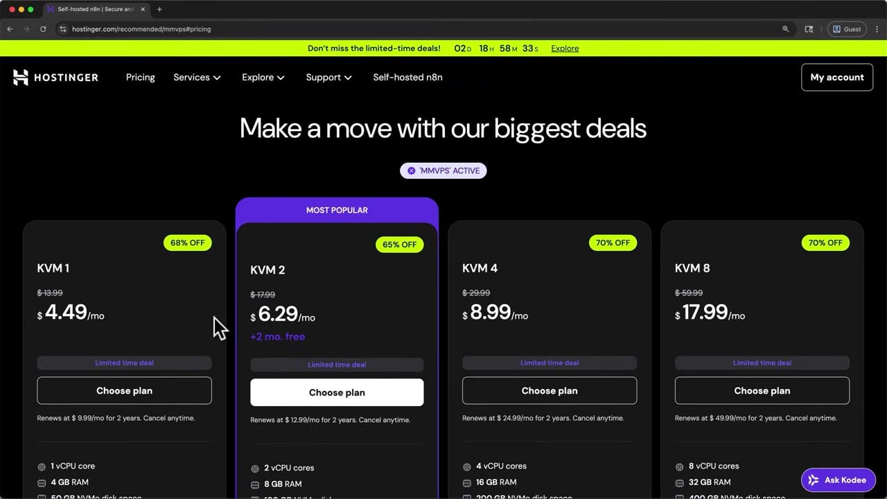 Hostinger VPS plan selection for self-hosting n8n