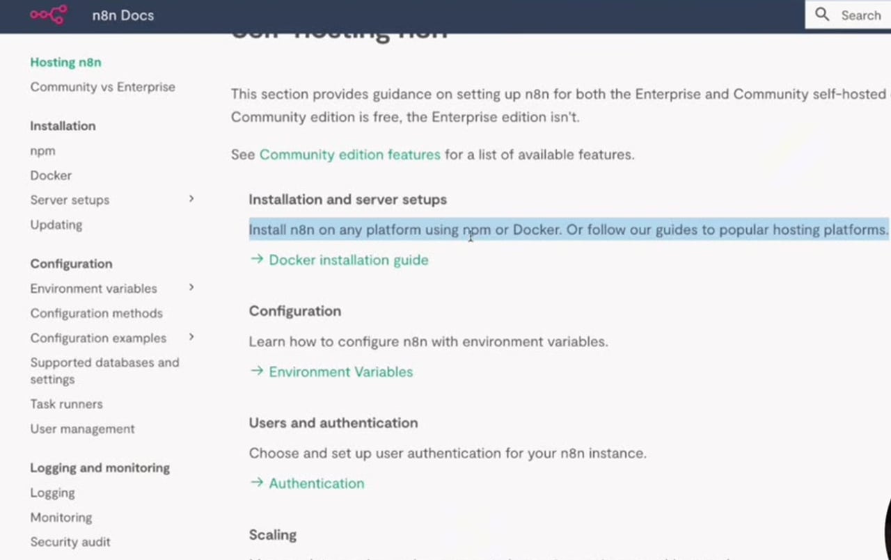 n8n self-hosting npm documentation page showing Node.js requirements