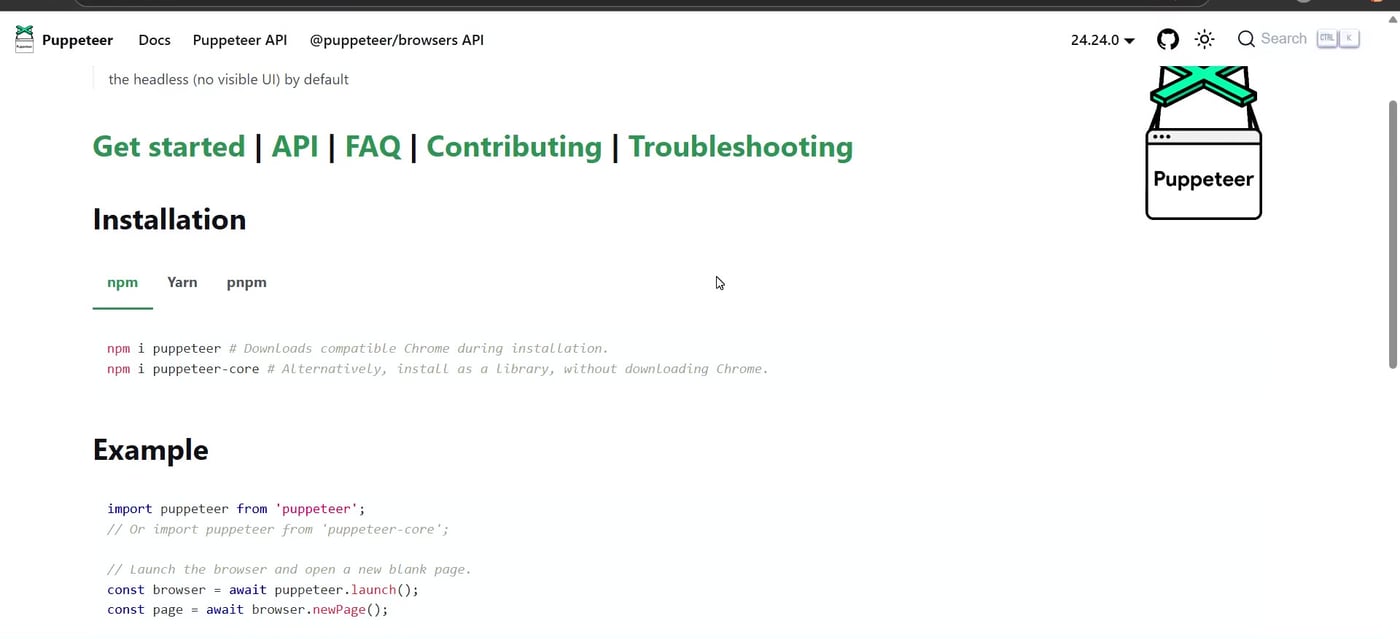 Puppeteer official documentation showing installation and example code