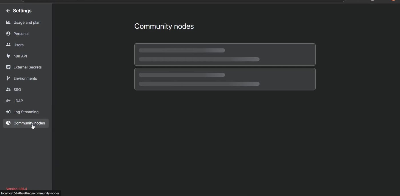 n8n settings sidebar with Community nodes selected