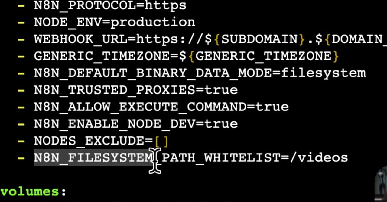 Docker Compose environment variables enabling the Execute Command node in n8n