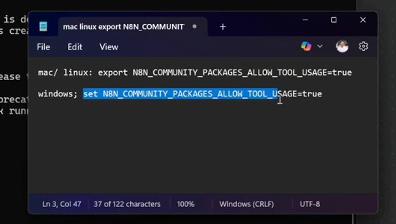 Terminal note showing N8N_COMMUNITY_PACKAGES_ALLOW_TOOL_USAGE environment variable