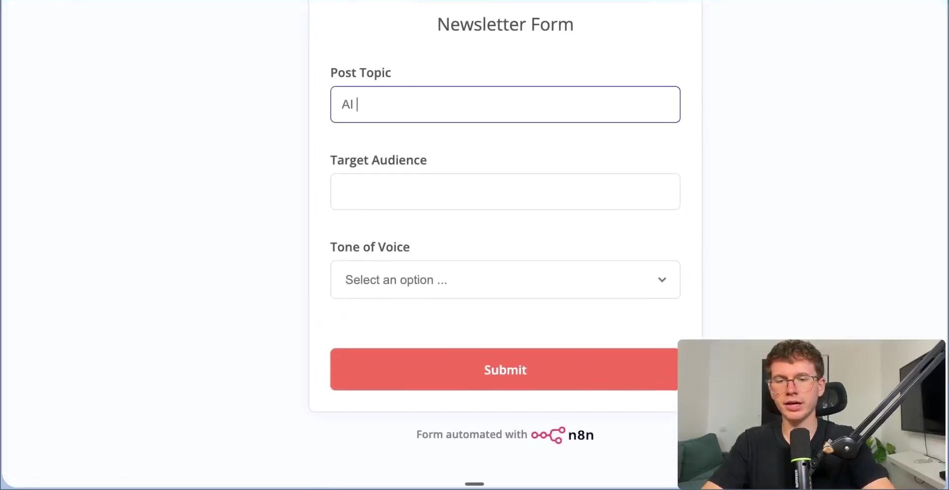 Newsletter form inputs for blog topic audience and tone