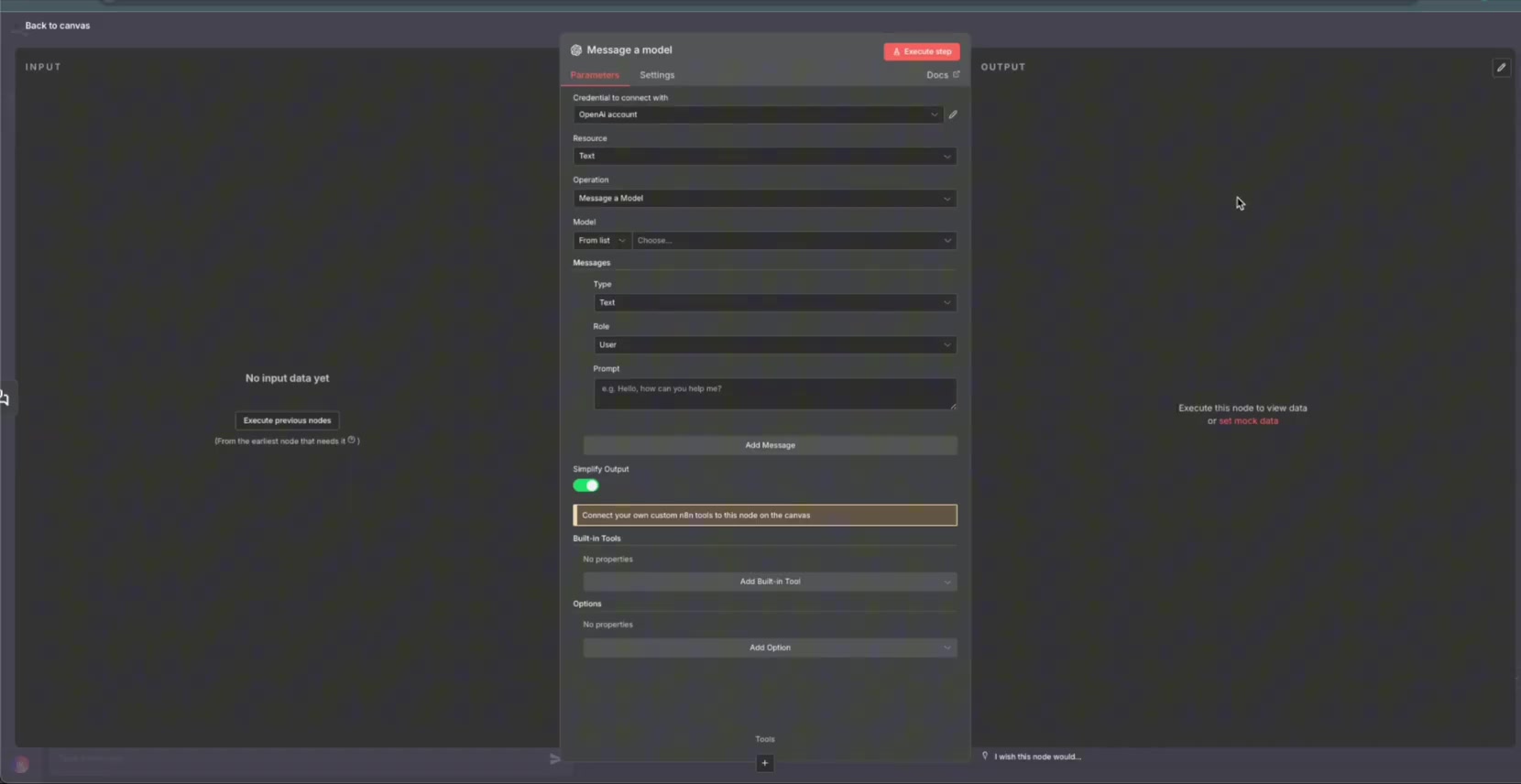 OpenAI Message a Model node settings in n8n
