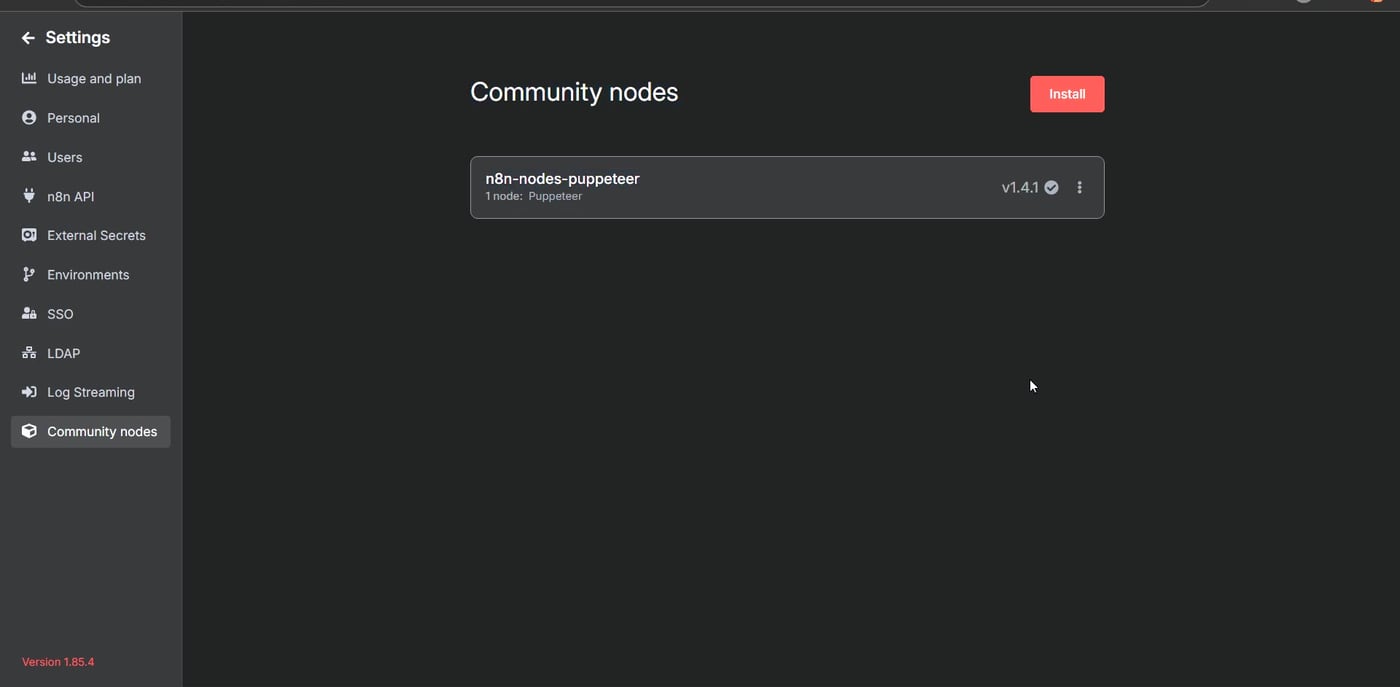 n8n Community nodes page showing n8n-nodes-puppeteer installed