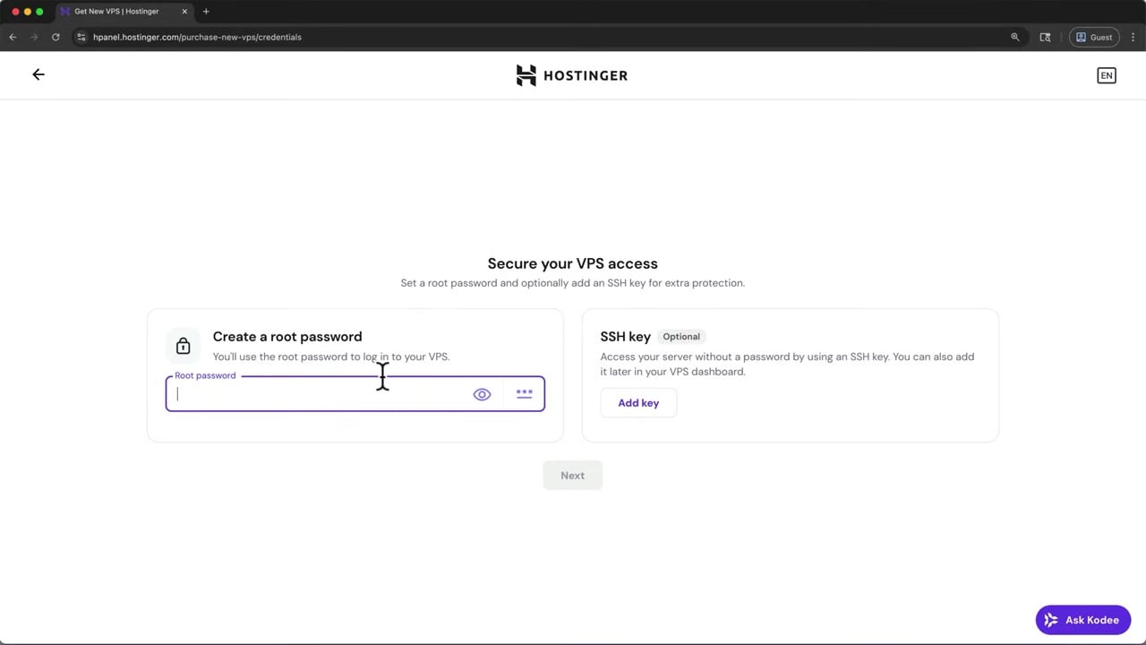 Hostinger VPS root password creation screen
