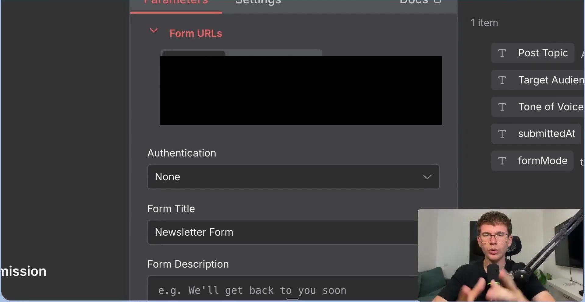 n8n Form Trigger configuration with form URL redacted