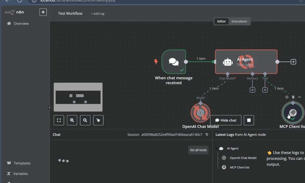 n8n AI Agent successfully listing MCP tools after enabling tool usage