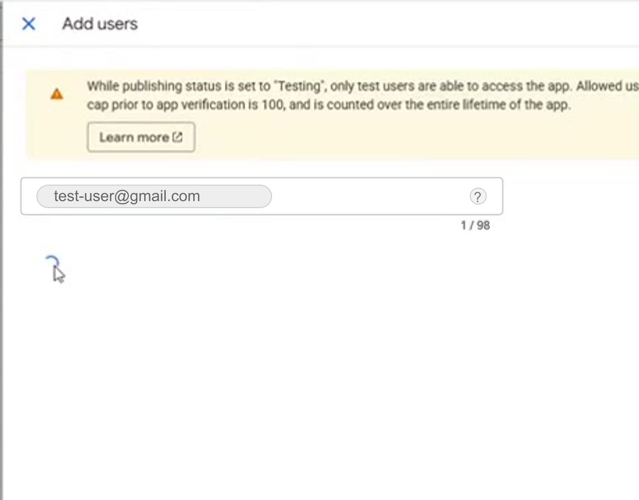 Google Cloud OAuth consent screen adding a Gmail account as a test user