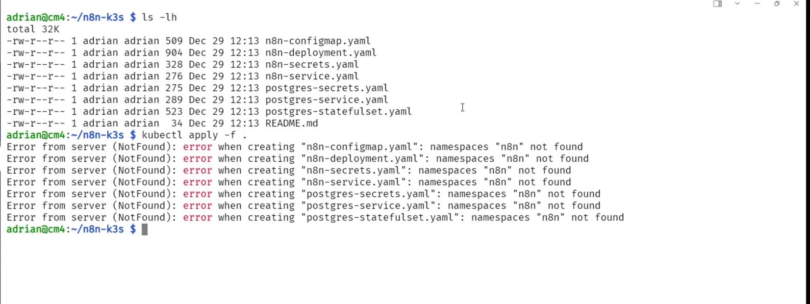 Create n8n namespace after namespace not found error