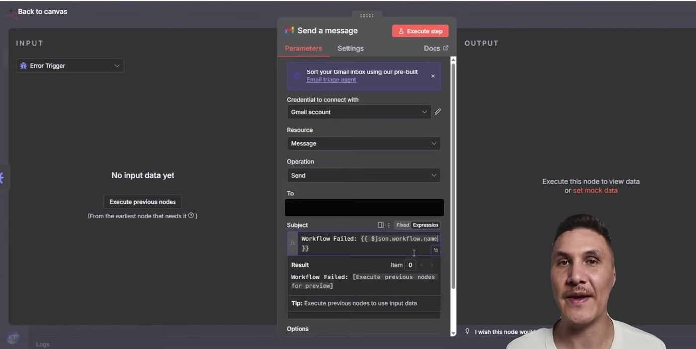 Gmail Send a Message node configured for workflow failure alerts