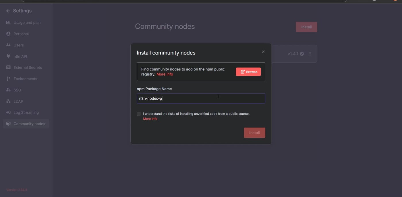 Install community node modal with n8n-nodes-puppeteer package name