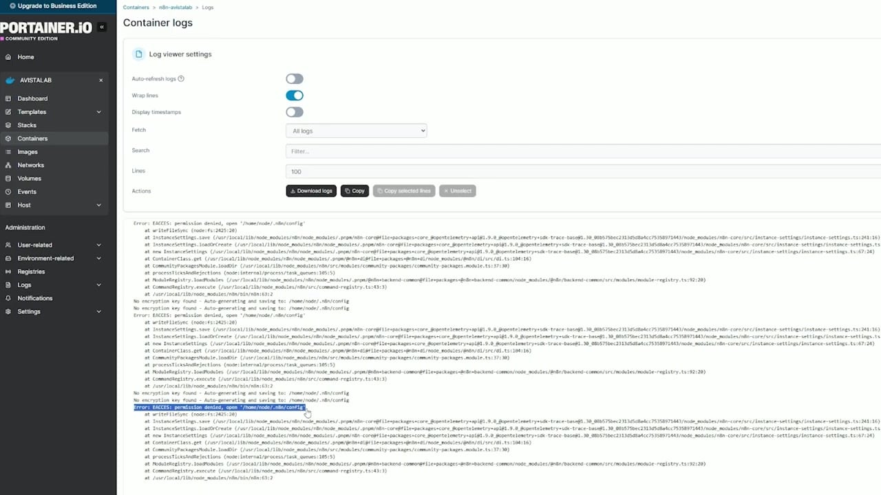 Portainer log showing permission denied for n8n folder
