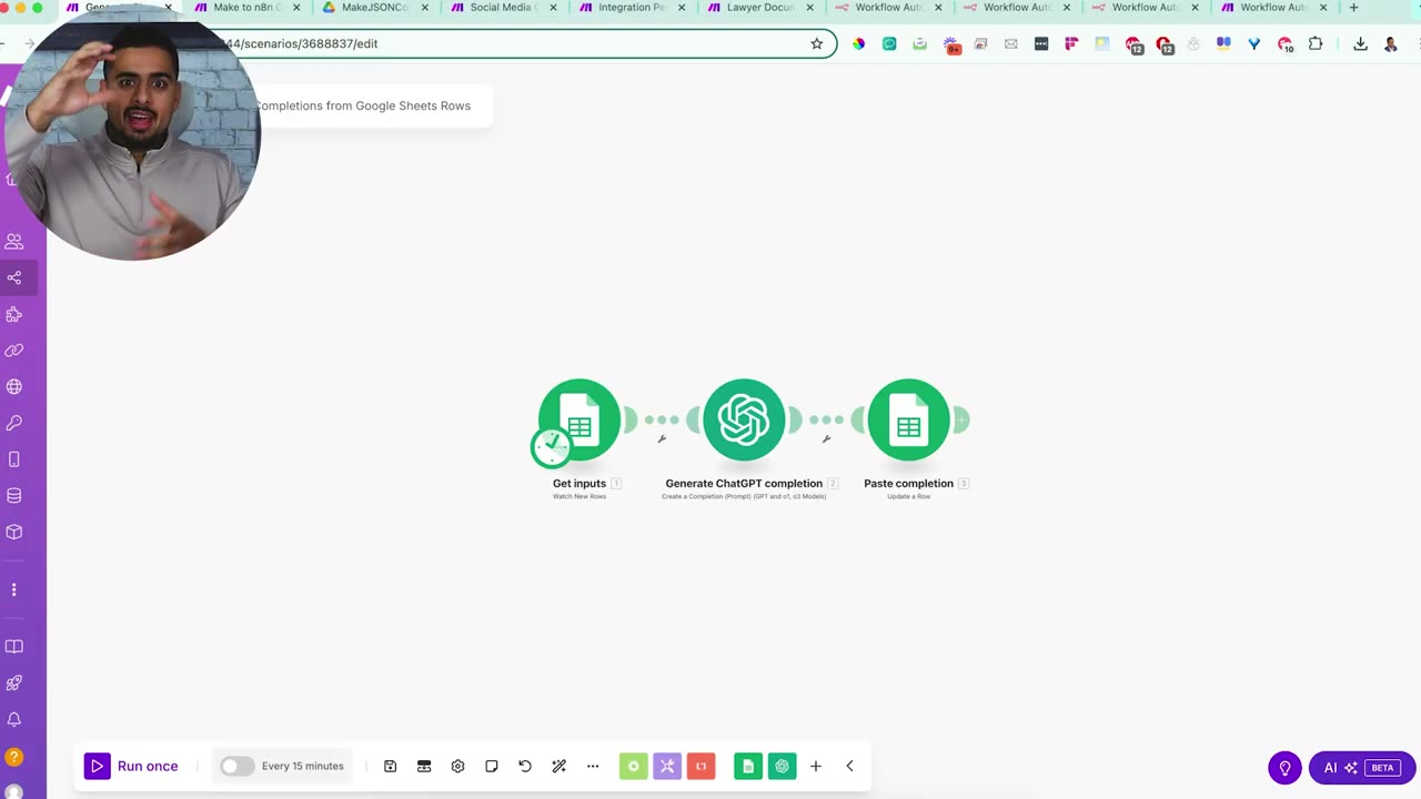 Sample Make scenario with Google Sheets and OpenAI modules