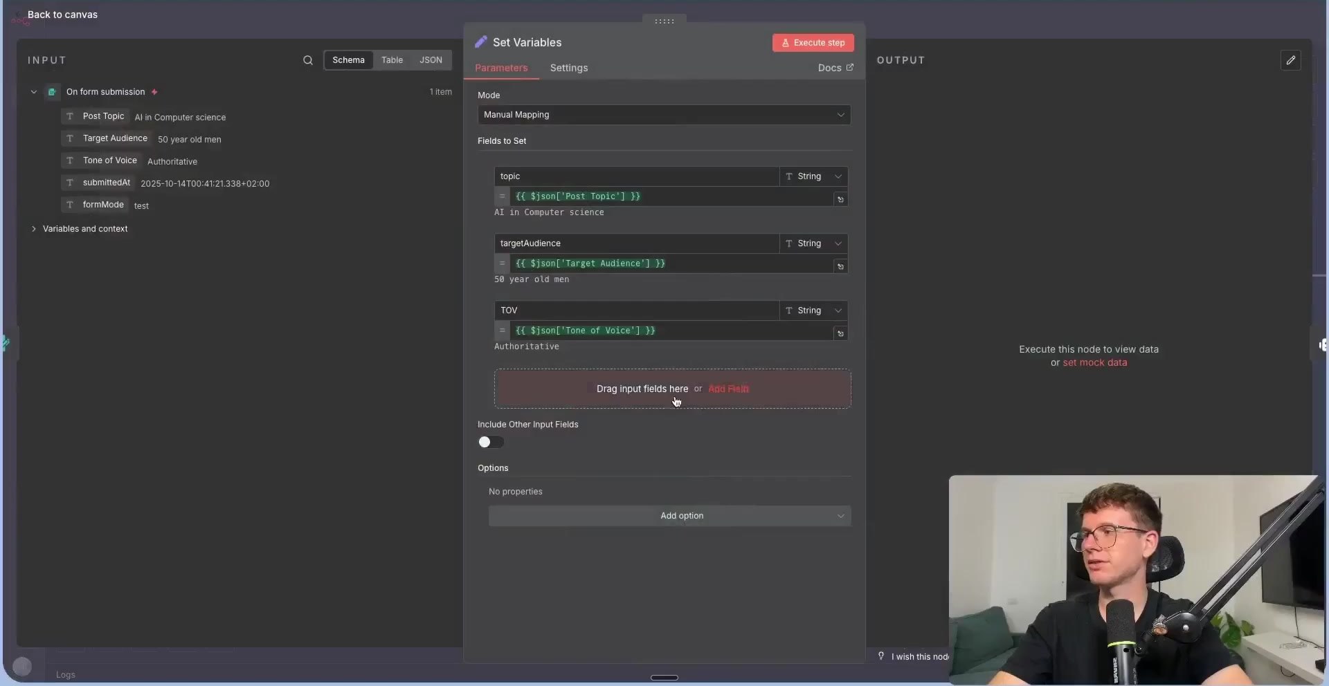 Set Variables node for topic audience and tone