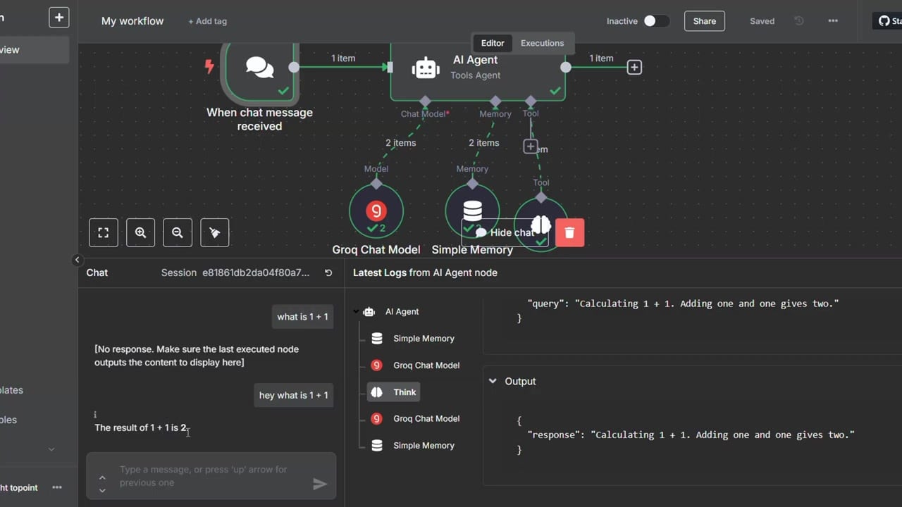 n8n Think Tool trace for a simple question