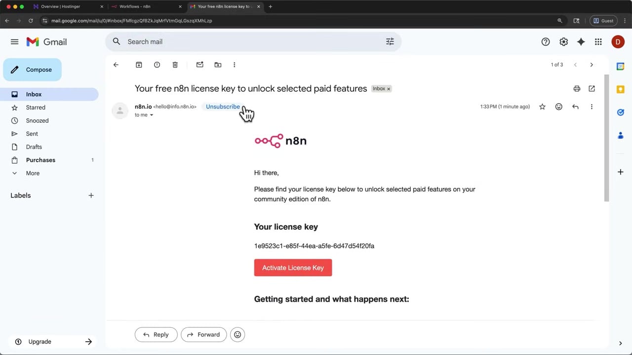 n8n screen for activating a free community license key