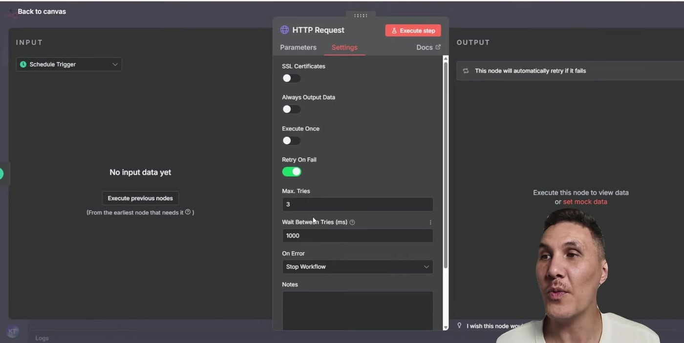 HTTP Request node Retry on Fail settings in n8n