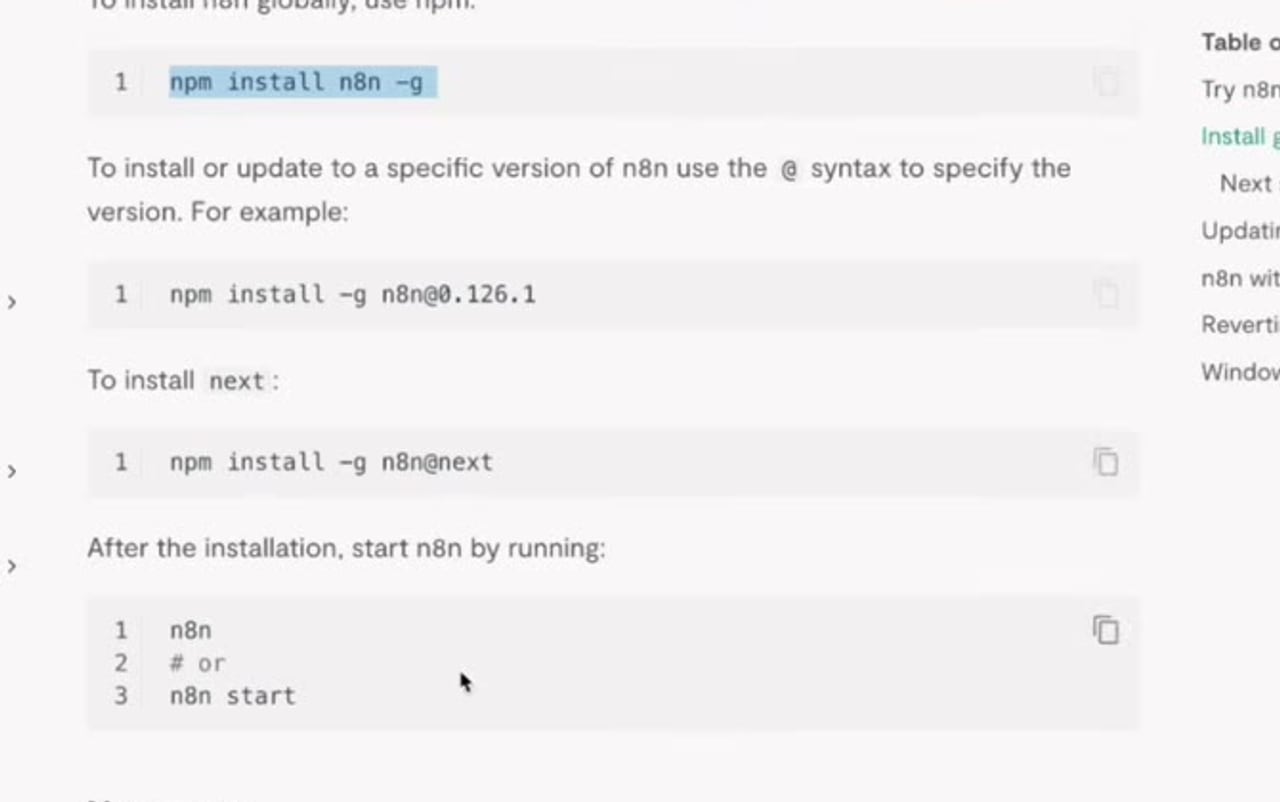 n8n start command shown in the npm installation documentation