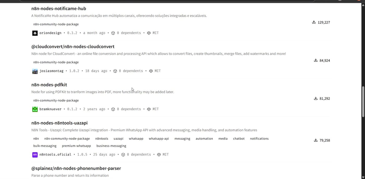 npm search results showing n8n community packages