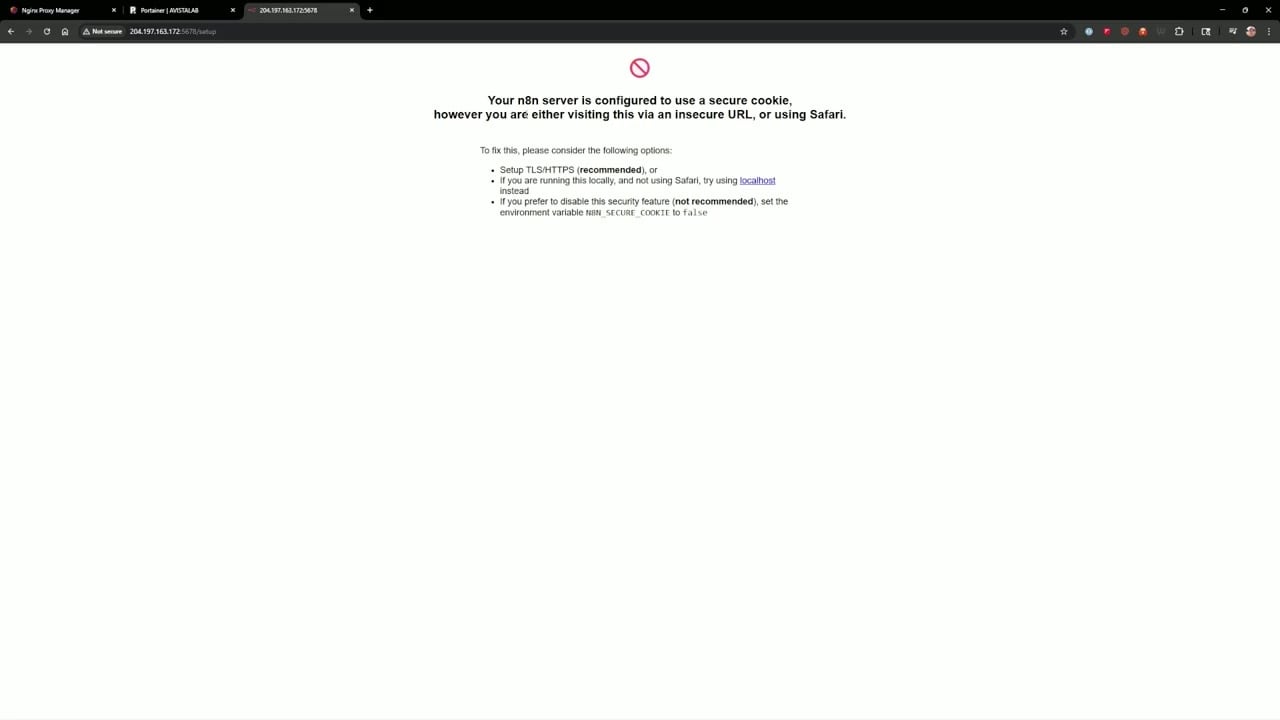 n8n secure cookie warning when accessed without HTTPS