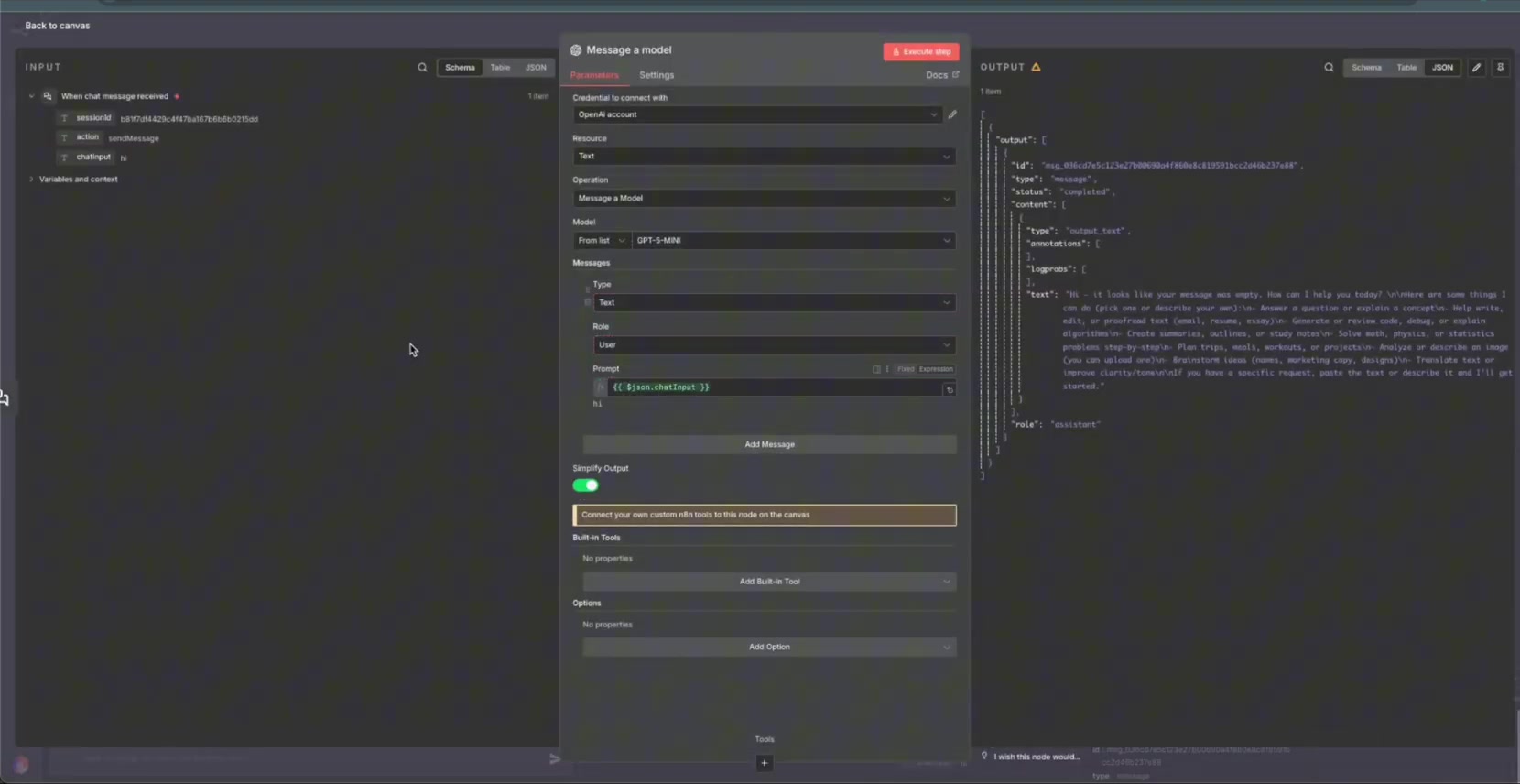 Testing the model with a simple Hi prompt