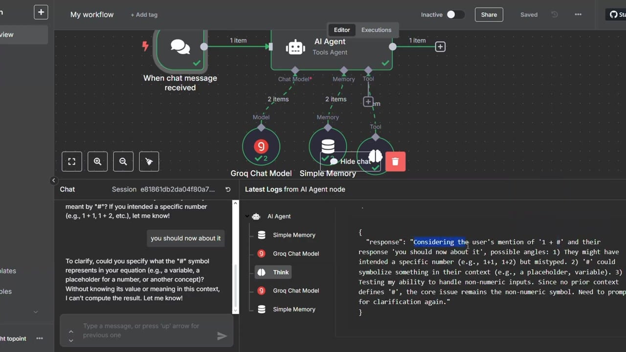 n8n Think Tool trace clarifying an ambiguous input