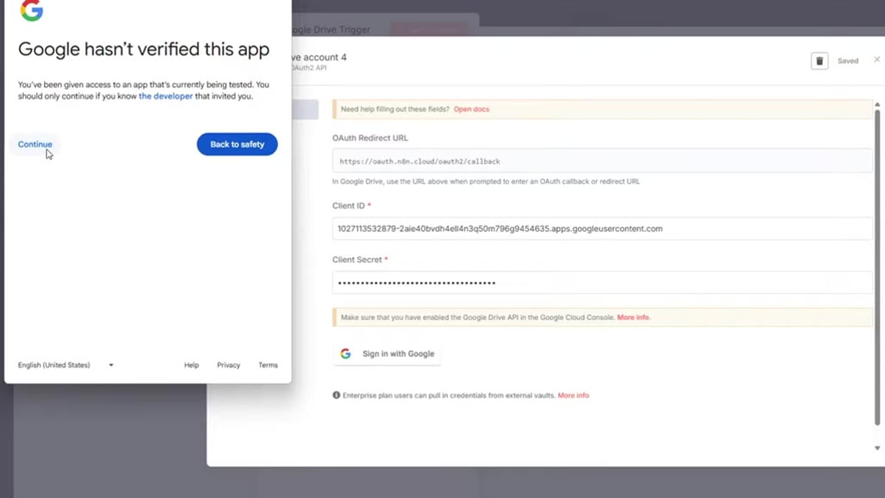 n8n Google Drive credential connected successfully