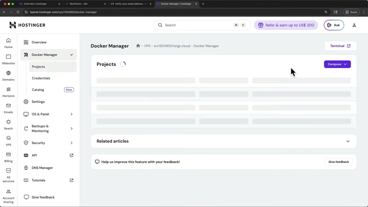 Hostinger Docker Manager showing n8n update action