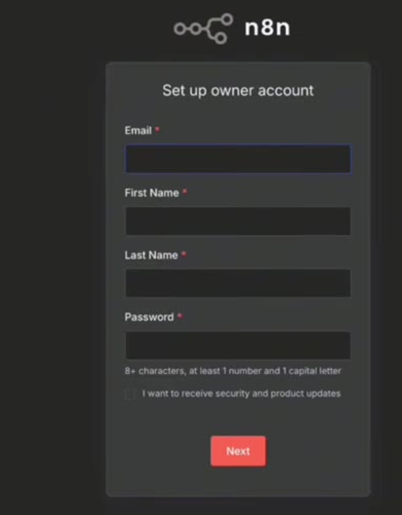n8n localhost owner account setup screen