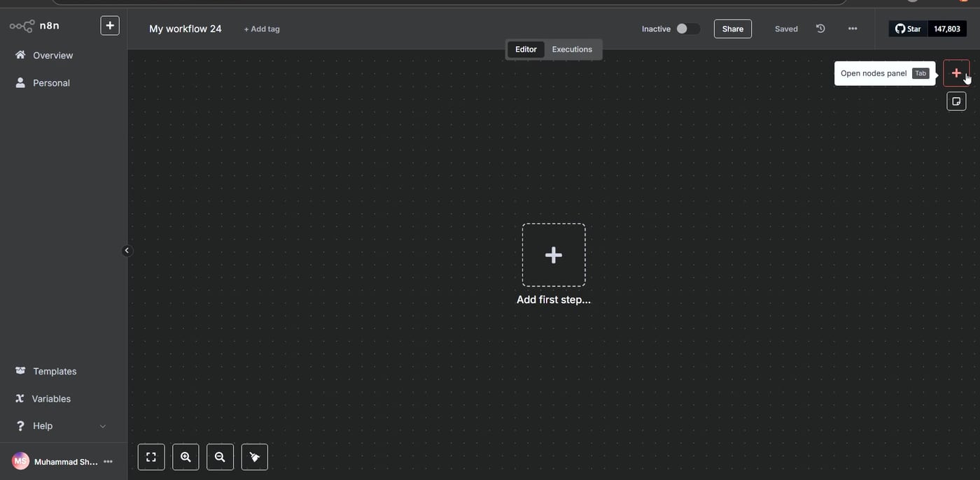 New n8n workflow canvas ready to add a first step