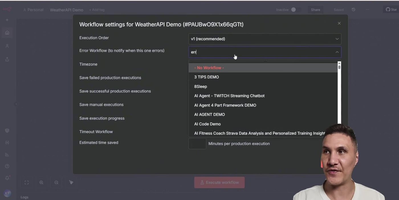 Workflow settings selecting the error handler workflow