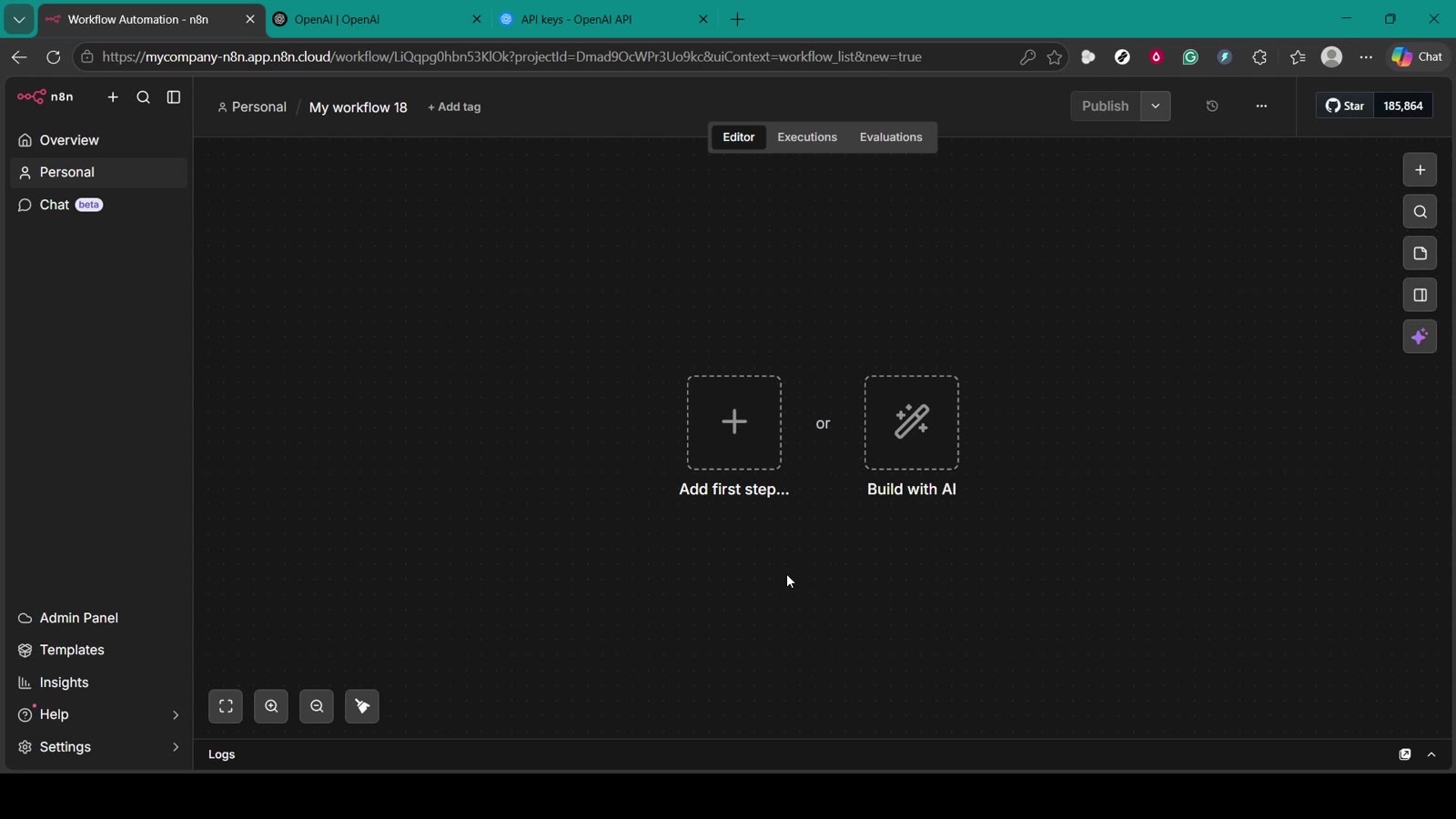 Blank n8n workflow canvas with Add first step button