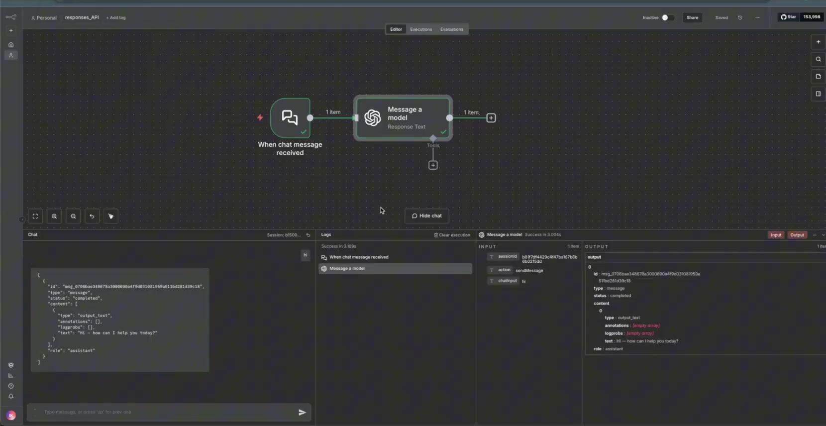 n8n test response after connecting chat input