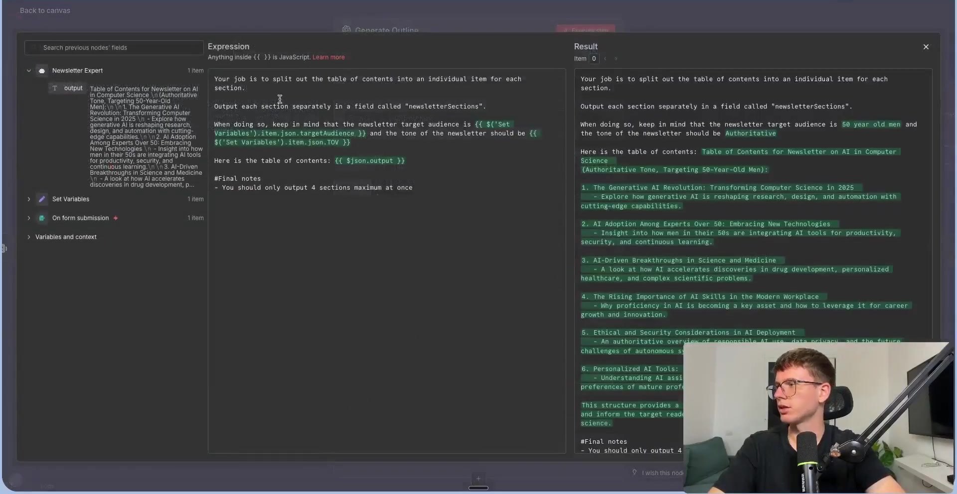 OpenAI node prompt for splitting newsletter outline