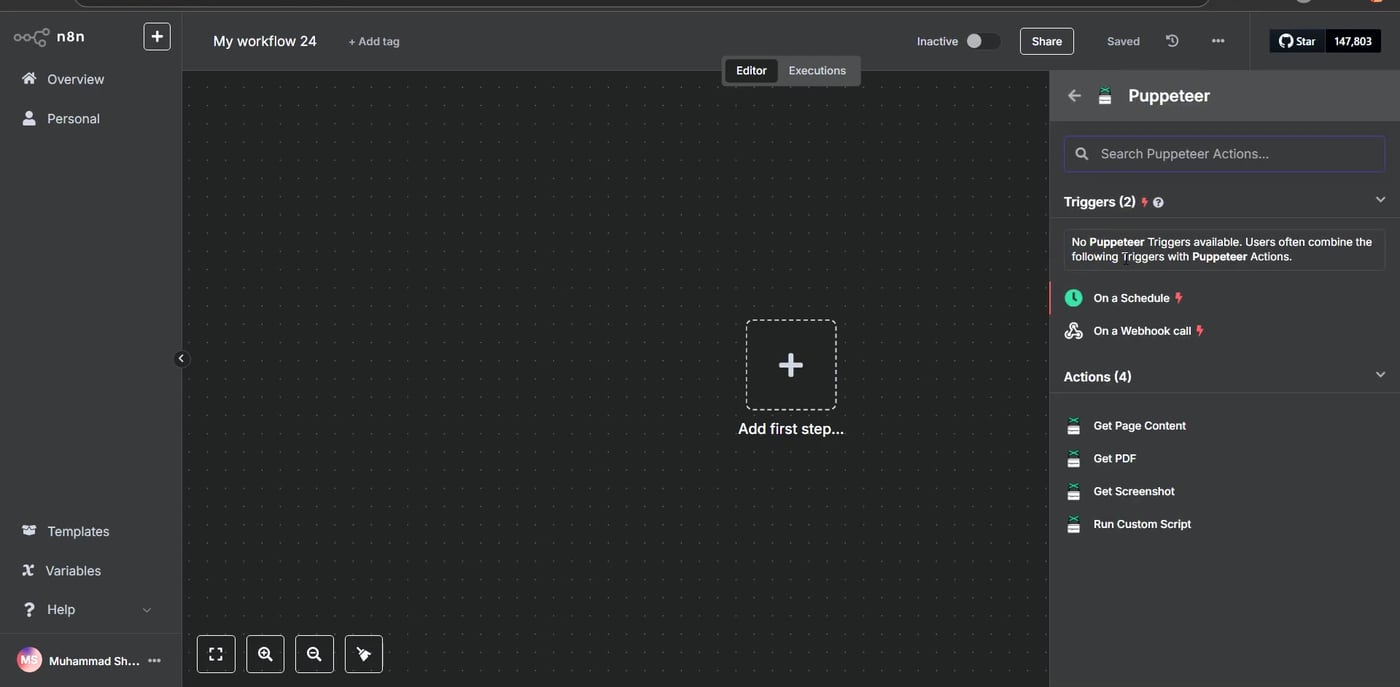 n8n node panel showing Puppeteer actions including screenshot options