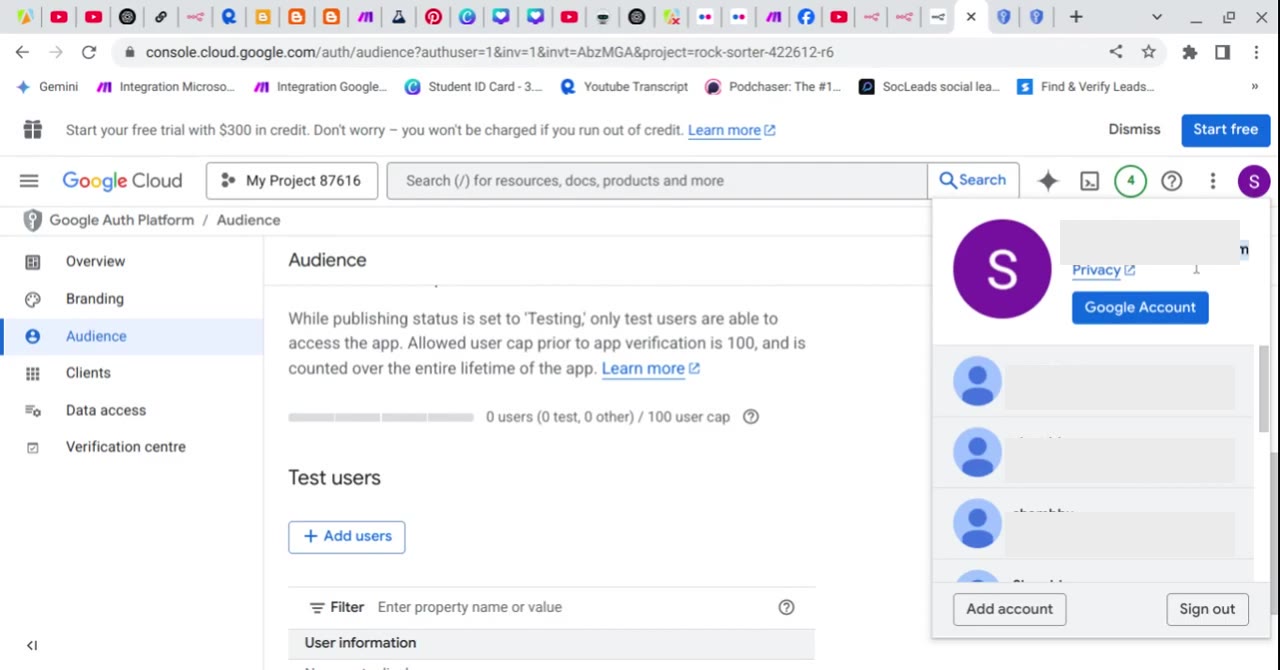 Google account chooser with Gmail addresses redacted