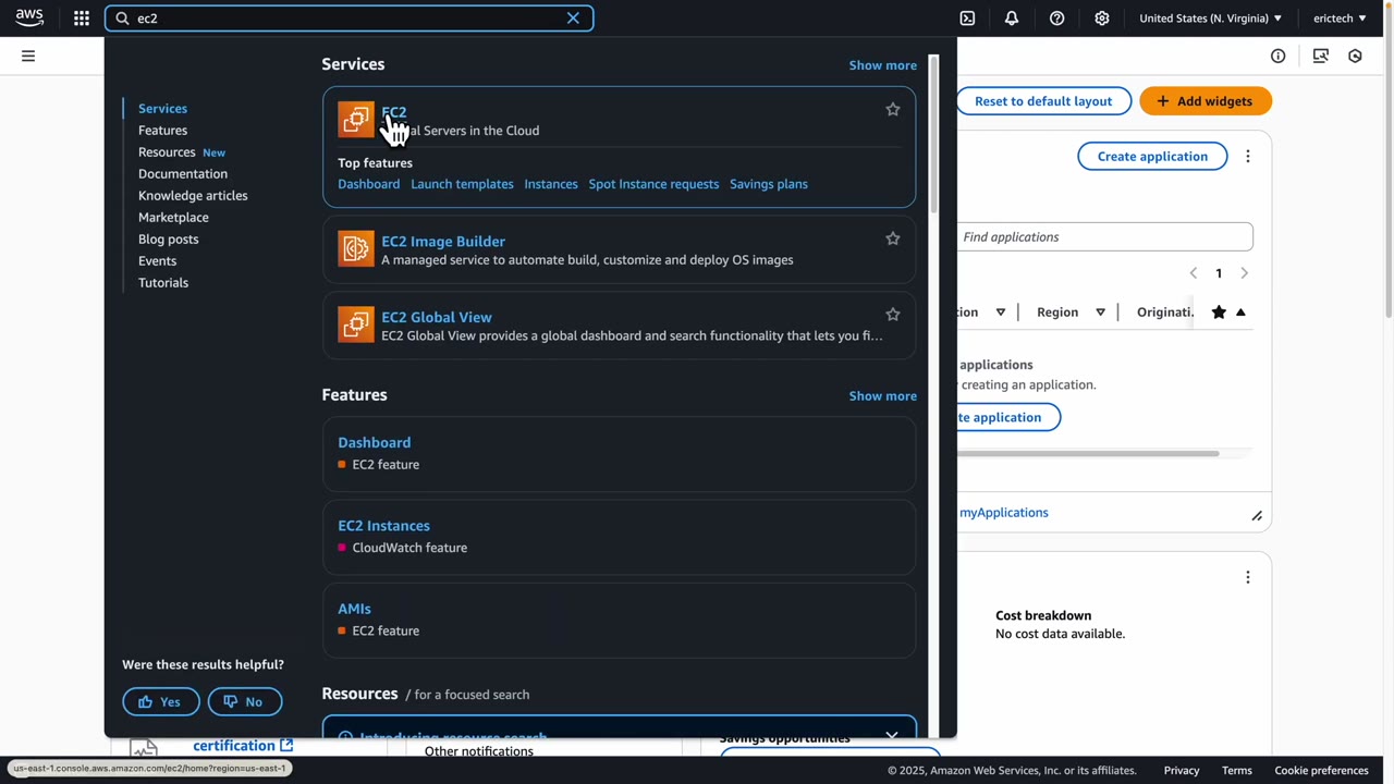 Searching for EC2 in the AWS console