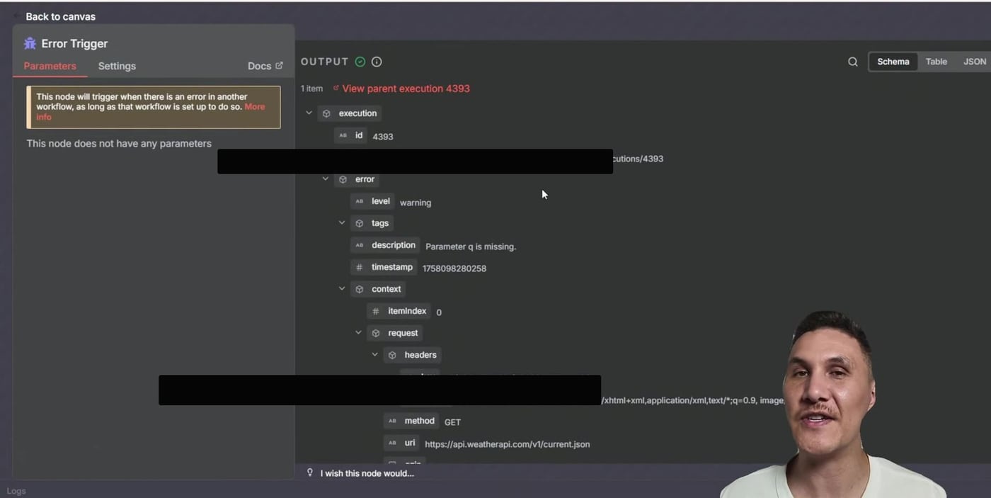 Error Trigger JSON payload with execution and error details