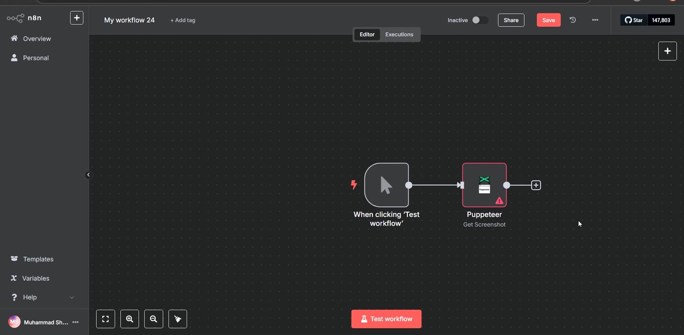 Puppeteer node connected to a trigger in n8n