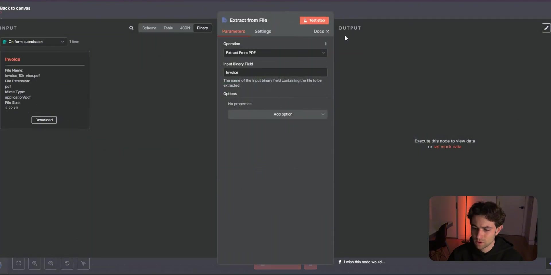 n8n Extract from File node configured for PDF text