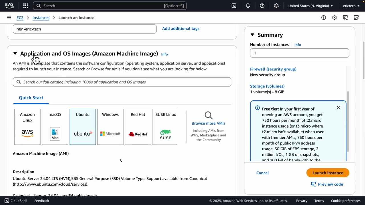 Ubuntu selected while launching an EC2 instance