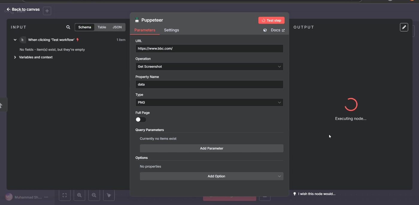Puppeteer Get Screenshot node configured with a webpage URL
