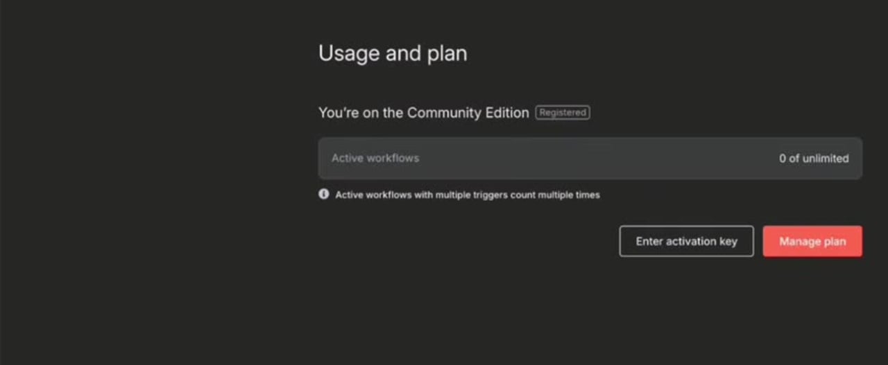 n8n Usage and plan page showing Registered community edition status