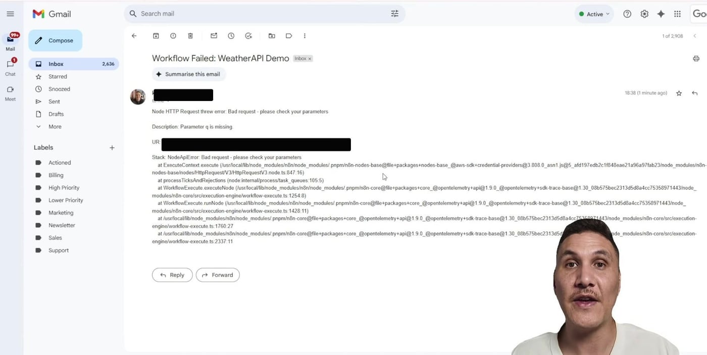 Gmail workflow failed alert email with error details