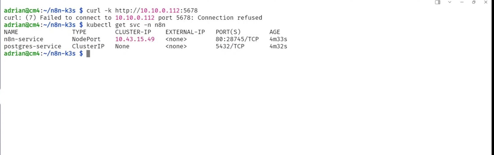 kubectl get svc shows n8n NodePort