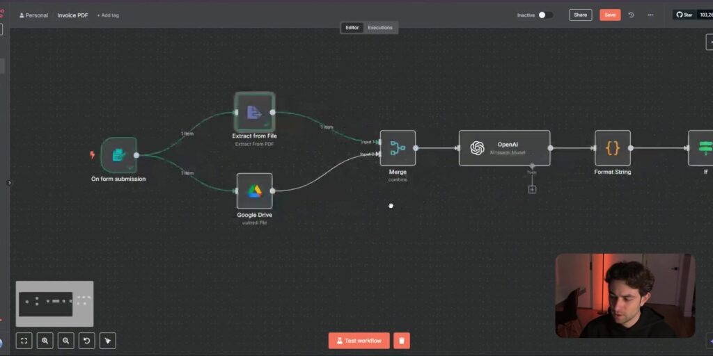 n8n invoice workflow first half with PDF extraction and Google Drive upload