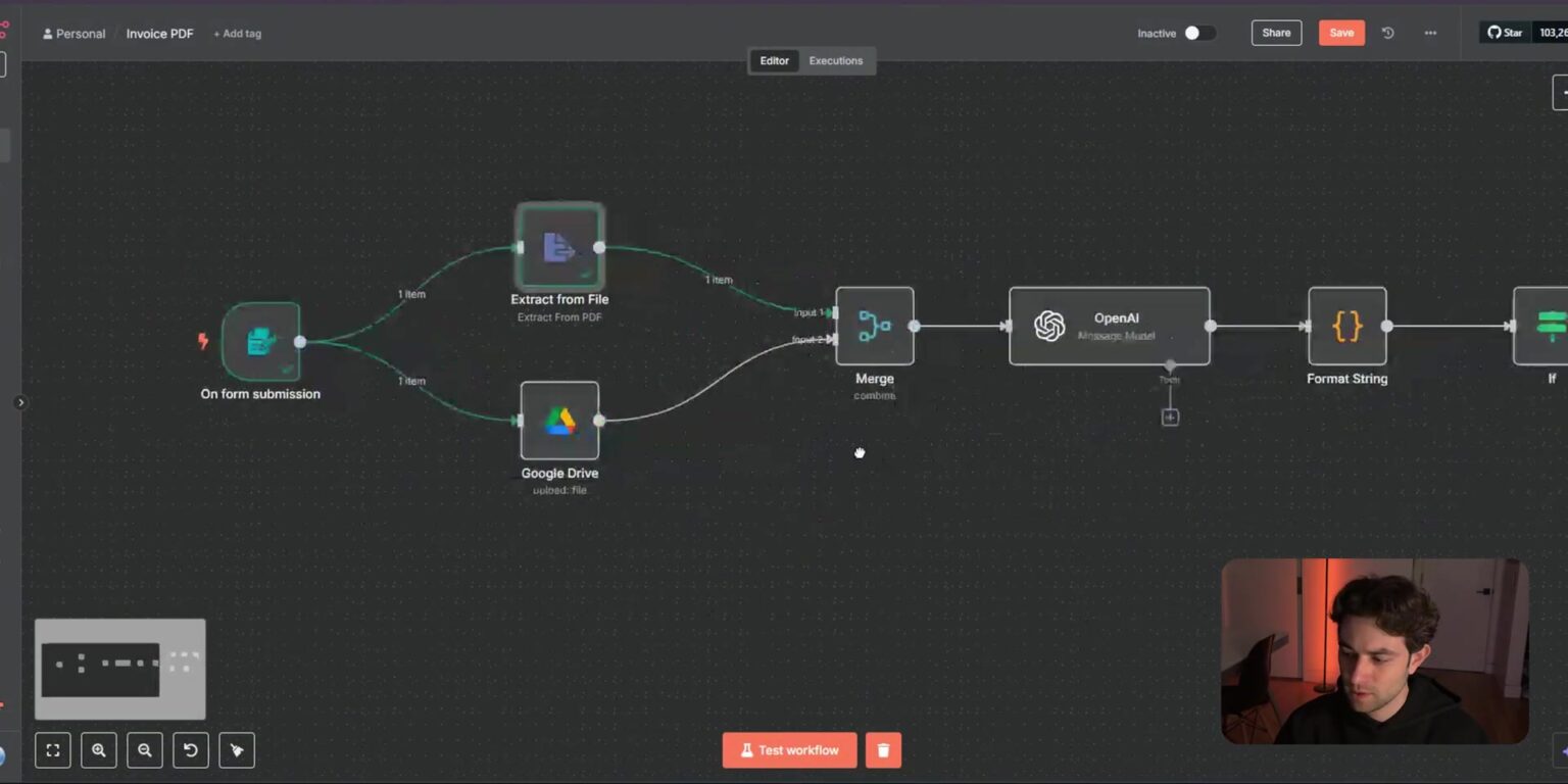 How to Use n8n to Process a PDF File: Build an AI Invoice Approval Workflow n8n invoice workflow first half with PDF extraction and Google Drive upload
